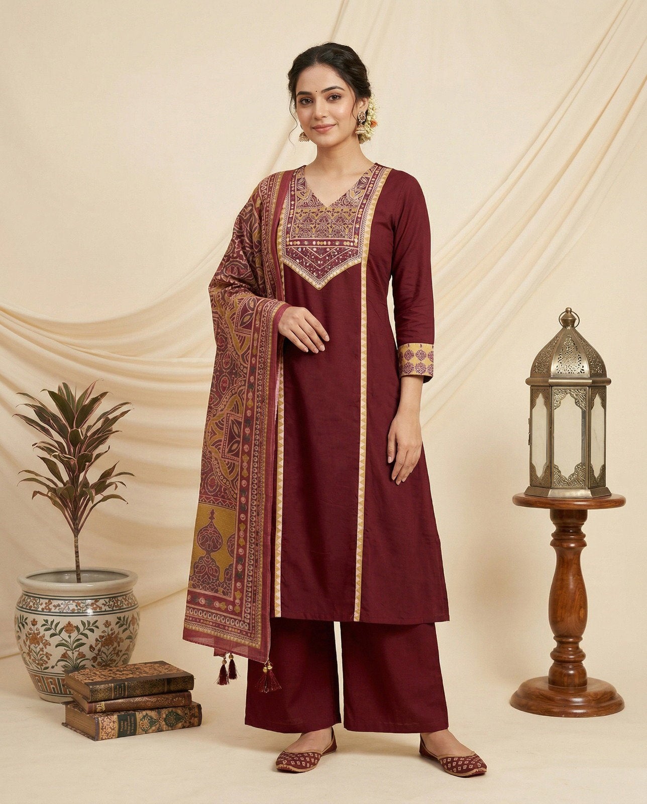 Naisha K 830 Dhabu Cotton Aline Worked Kurti With Bottom Dupttaa