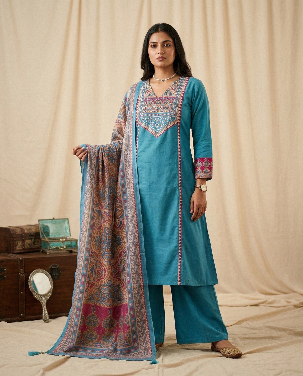 Naisha K 830 Dhabu Cotton Aline Worked Kurti With Bottom Dupttaa