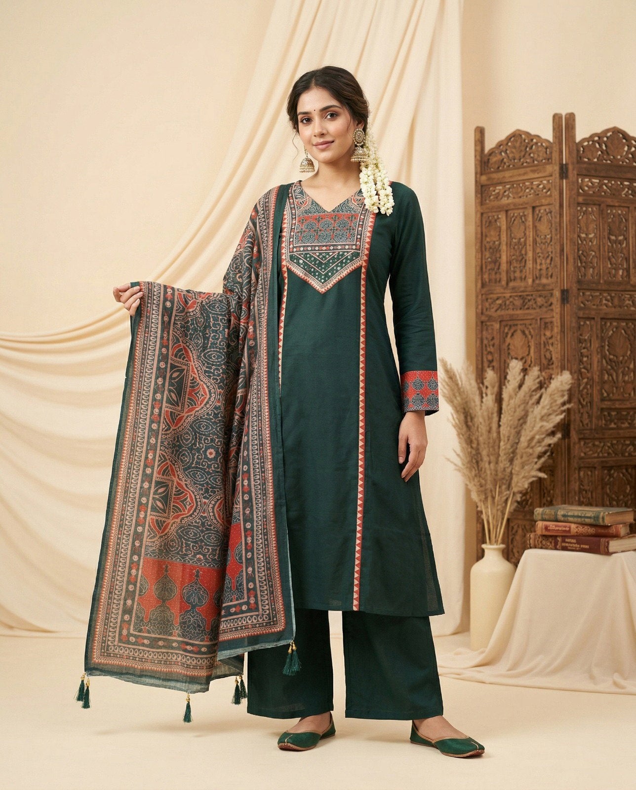 Naisha K 830 Dhabu Cotton Aline Worked Kurti With Bottom Dupttaa