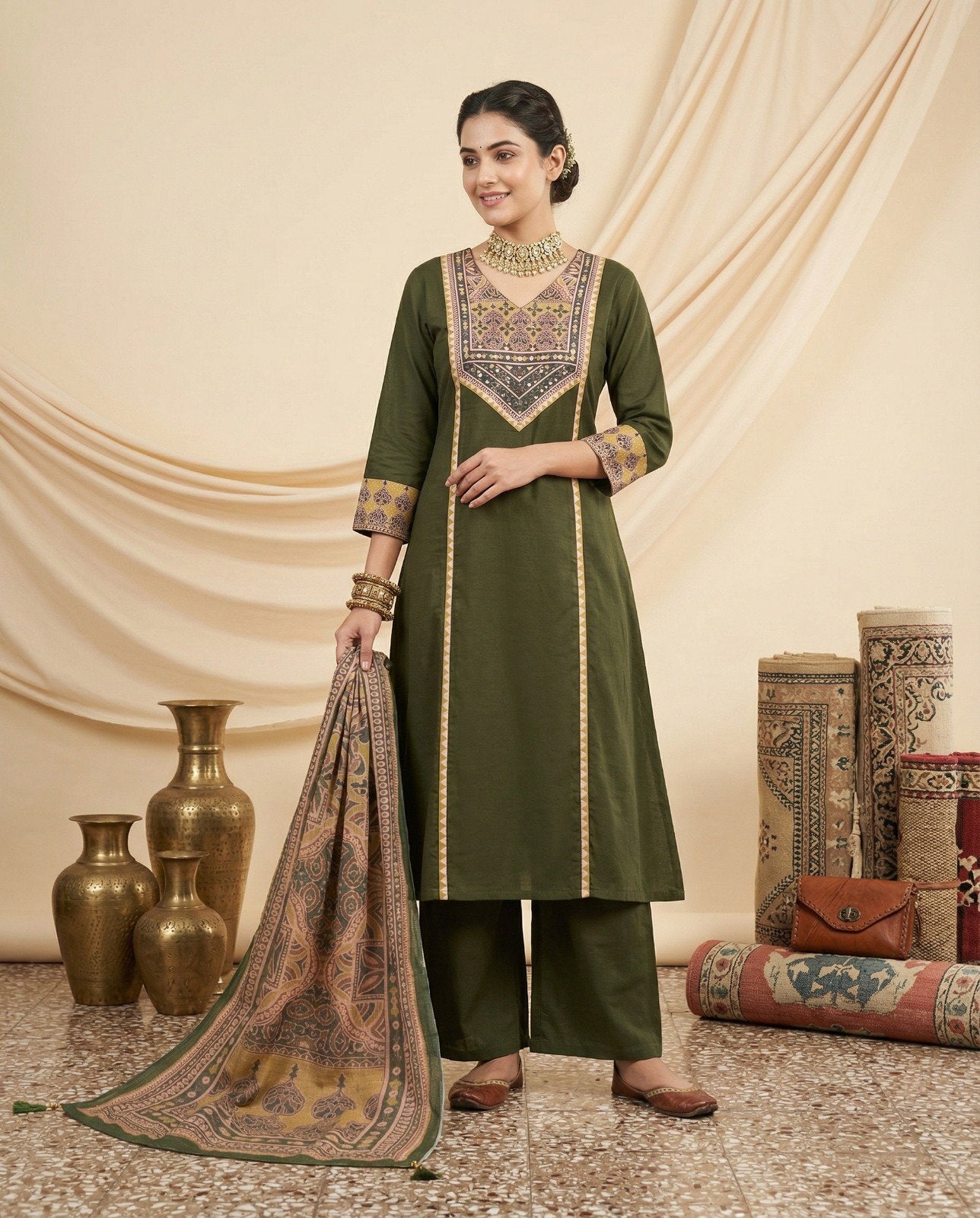 Naisha K 830 Dhabu Cotton Aline Worked Kurti With Bottom Dupttaa