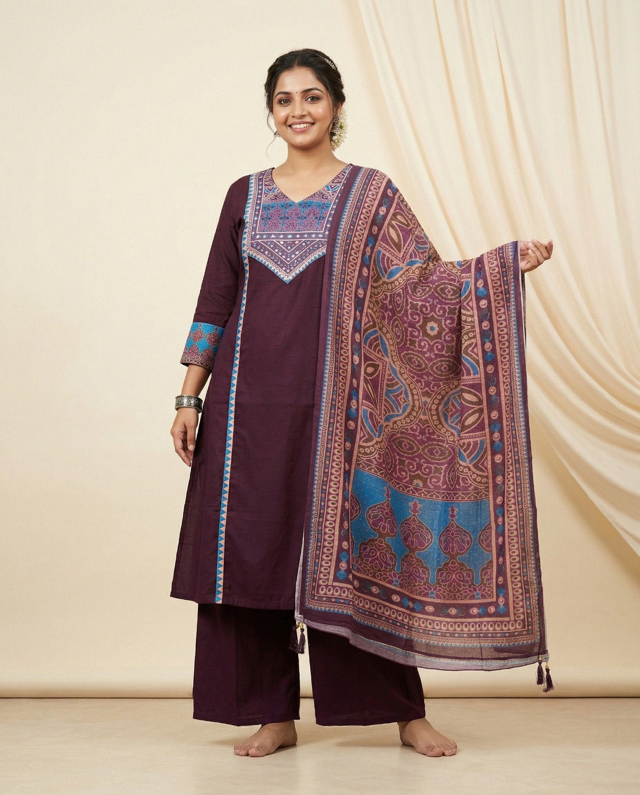 Naisha K 830 Dhabu Cotton Aline Worked Kurti With Bottom Dupttaa