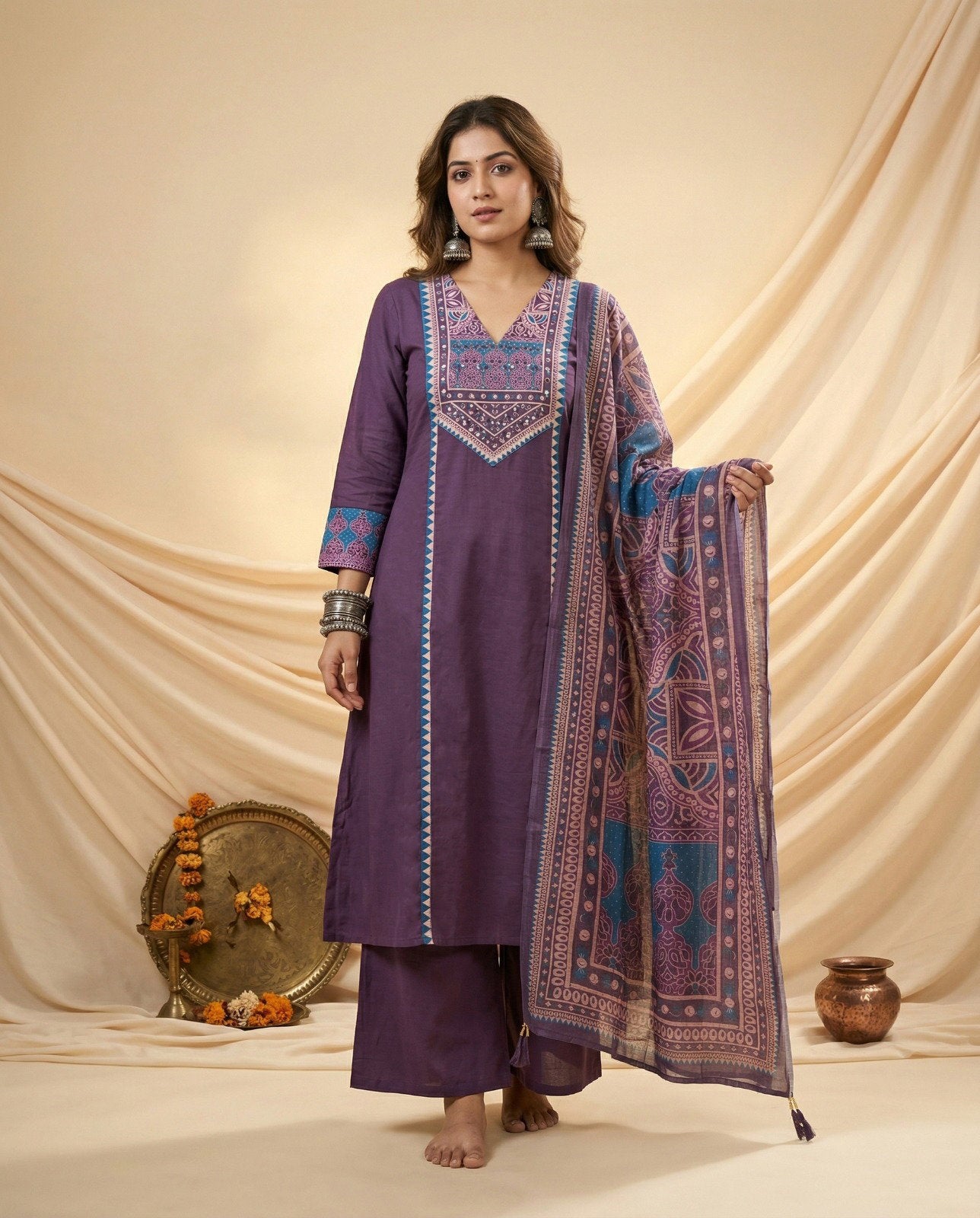 Naisha K 830 Dhabu Cotton Aline Worked Kurti With Bottom Dupttaa