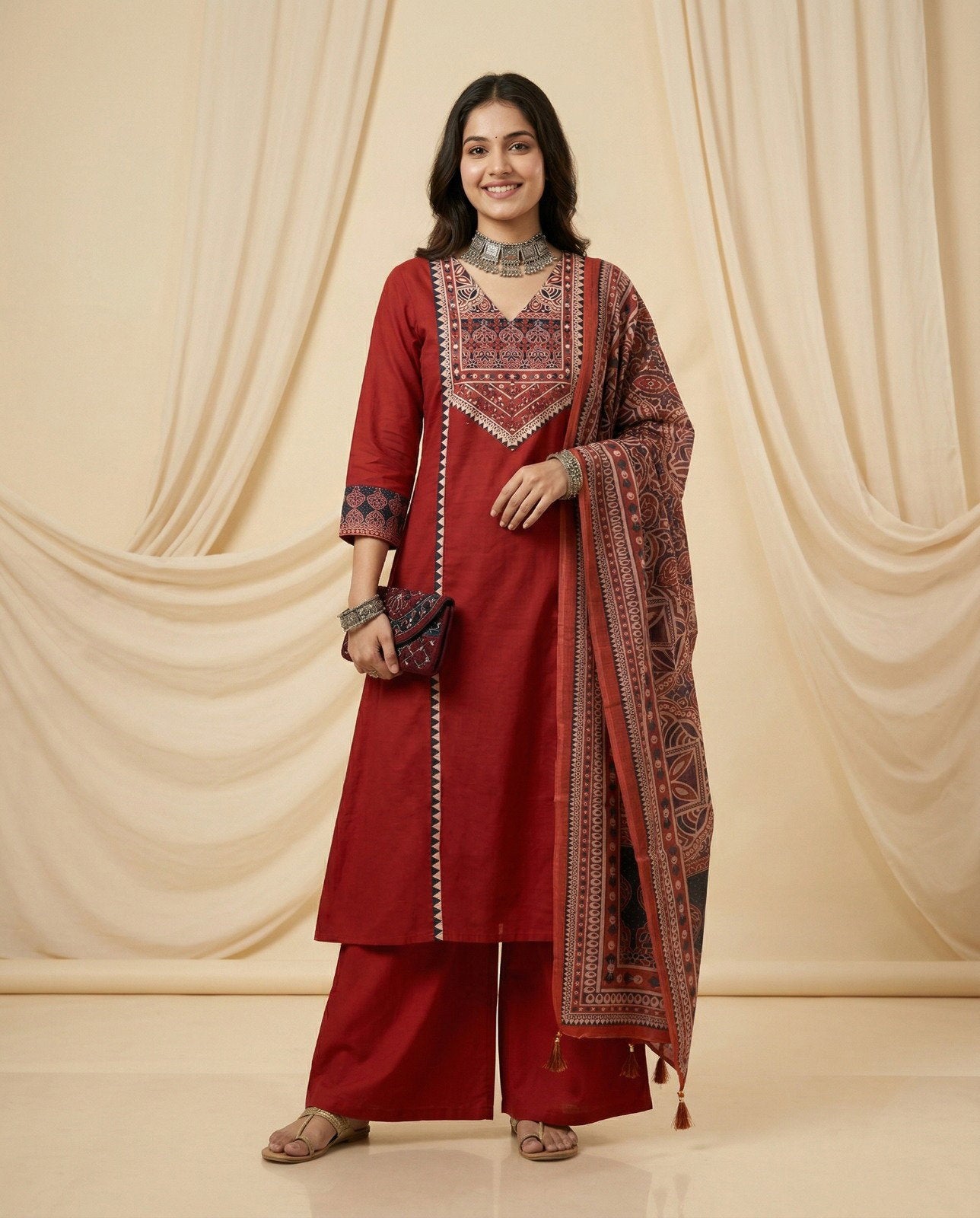 Naisha K 830 Dhabu Cotton Aline Worked Kurti With Bottom Dupttaa