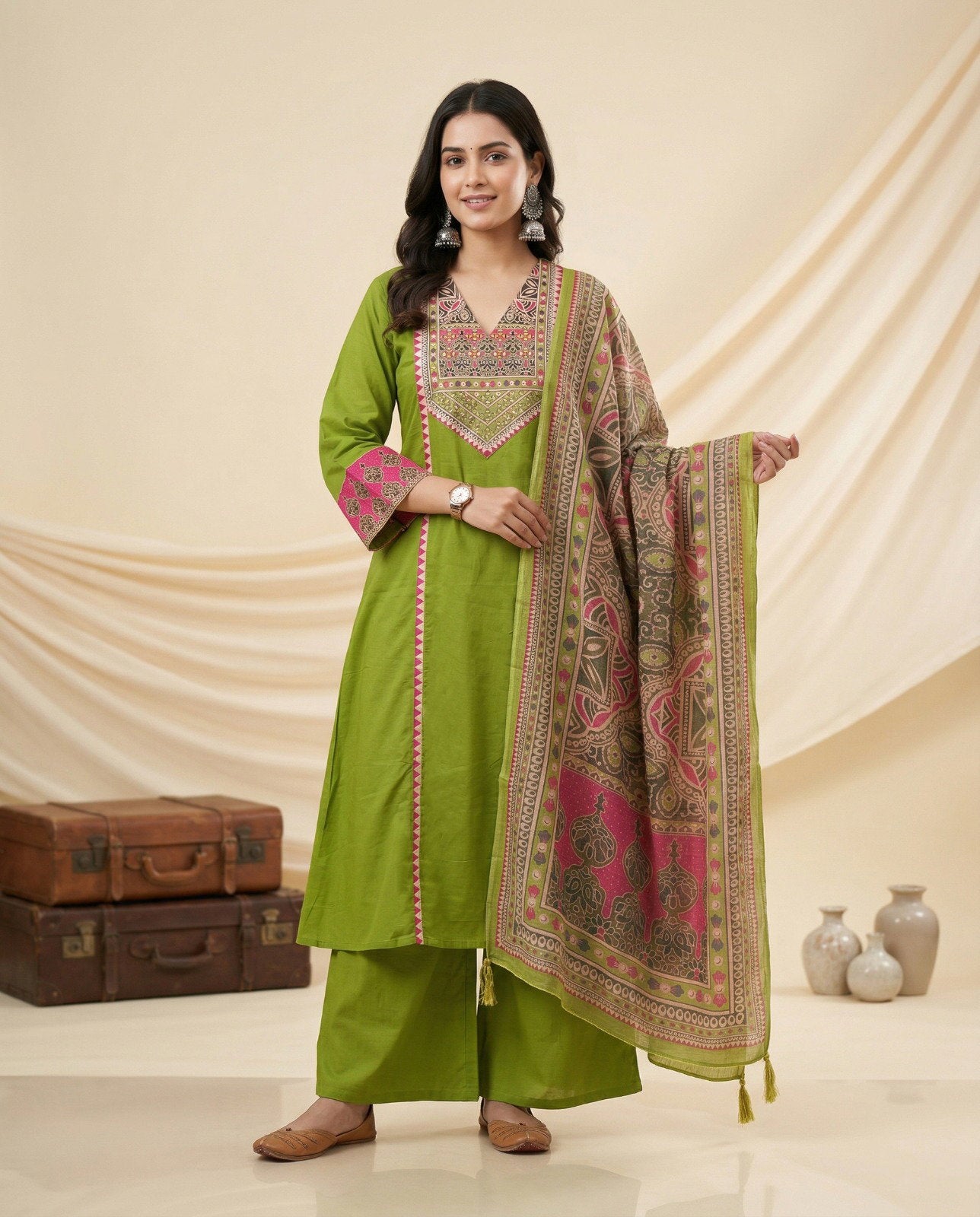 Naisha K 830 Dhabu Cotton Aline Worked Kurti With Bottom Dupttaa