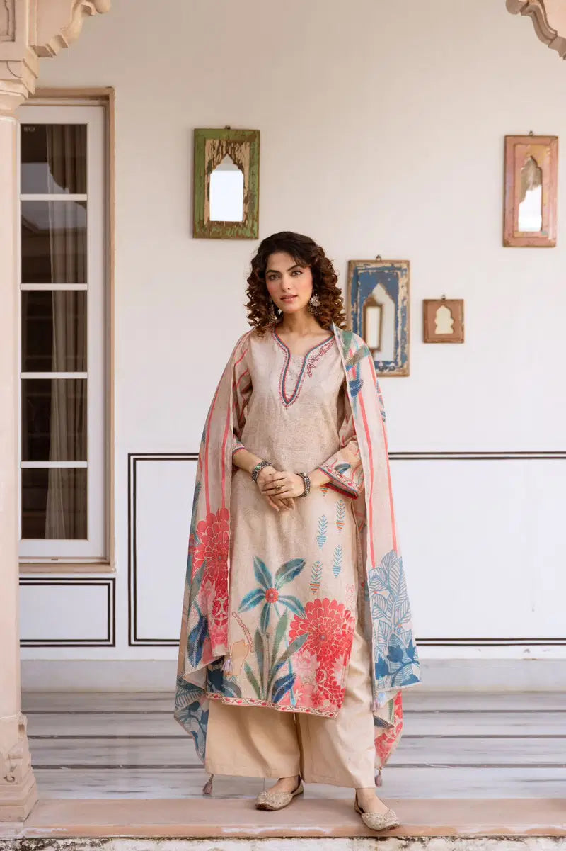 Naisha K 834 Linen Cotton With Embroidered Kurti With Bottom Dupatta