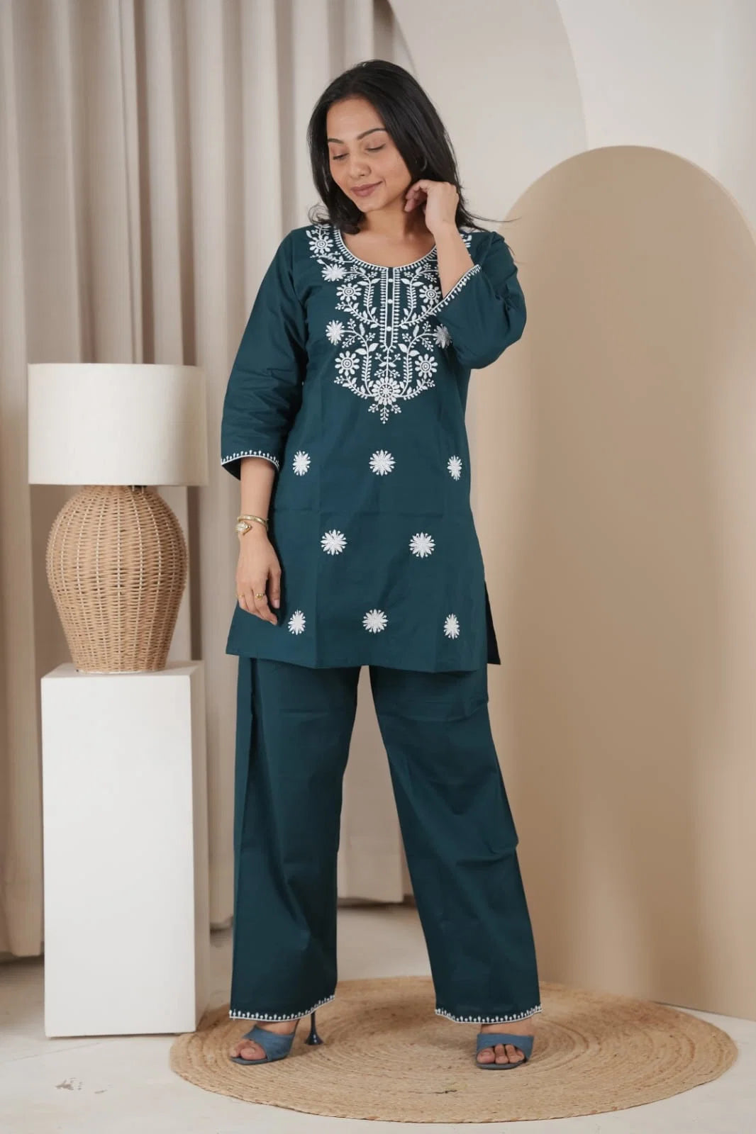 Naisha K 837 Dhabu Cotton Lucknowi Embroidered Kurti With Bottom