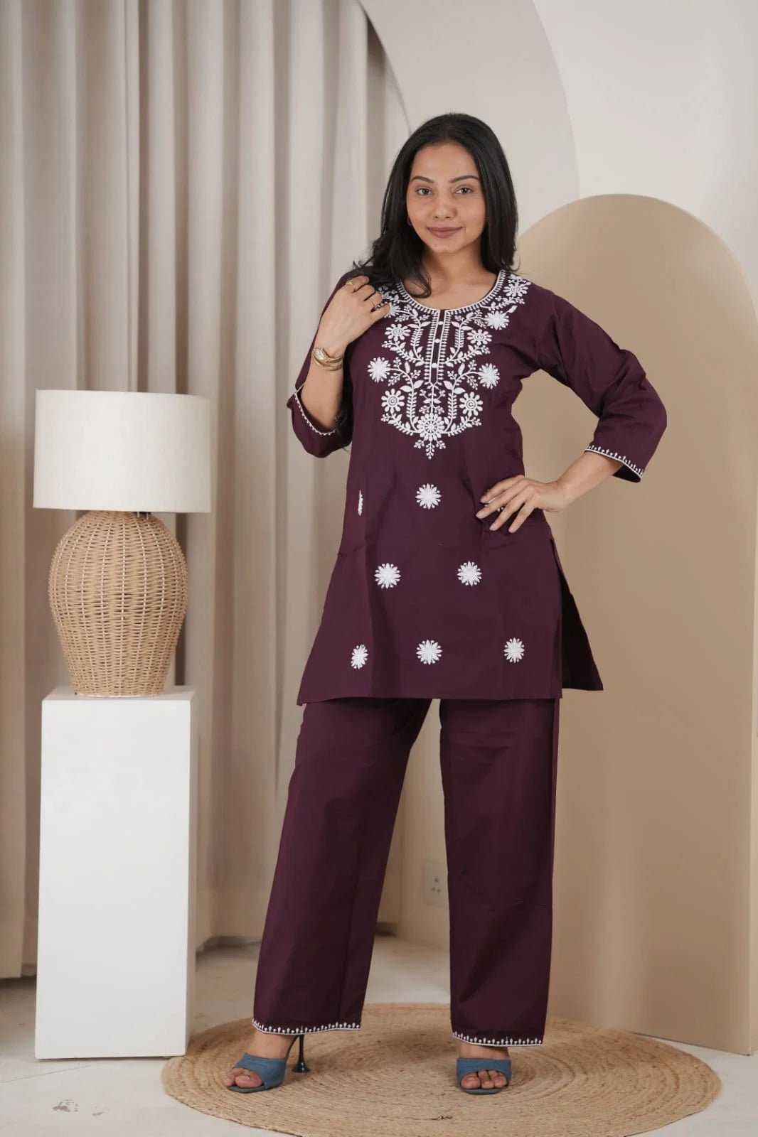 Naisha K 837 Dhabu Cotton Lucknowi Embroidered Kurti With Bottom