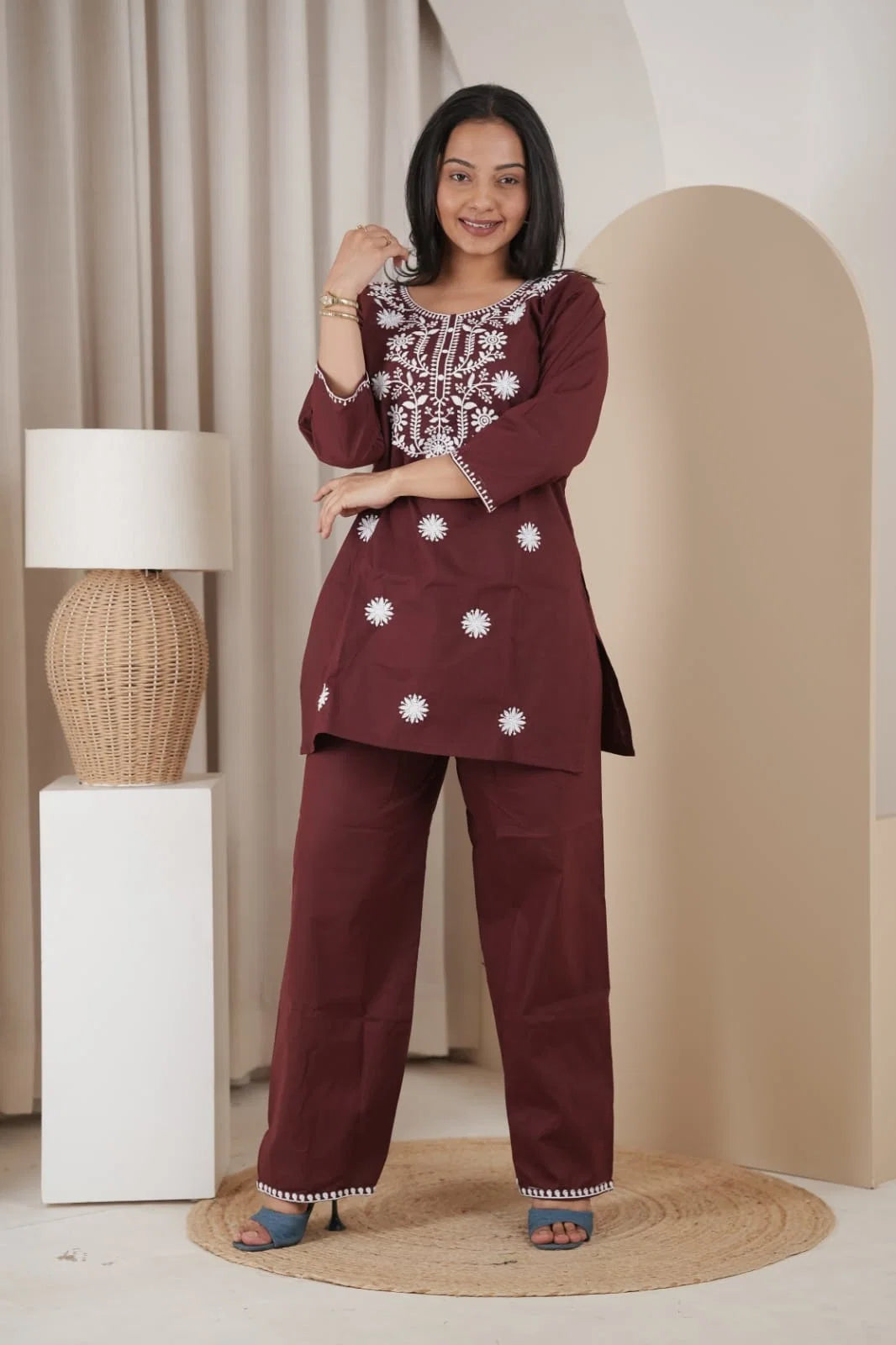 Naisha K 837 Dhabu Cotton Lucknowi Embroidered Kurti With Bottom