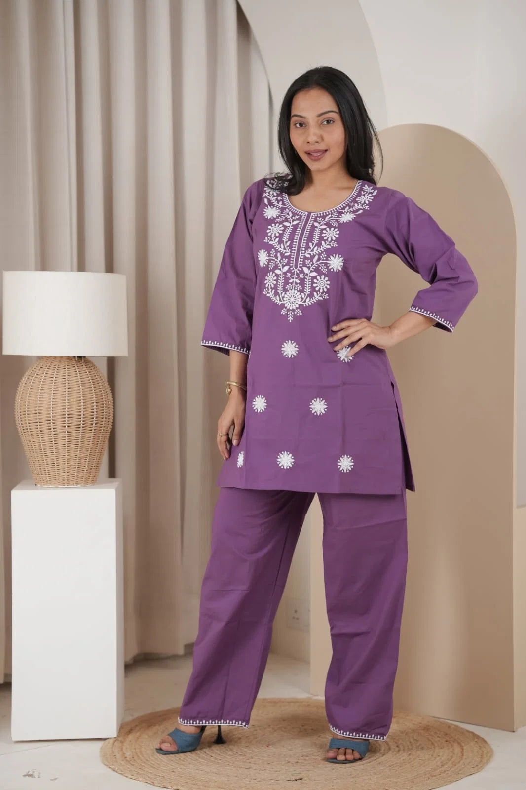 Naisha K 837 Dhabu Cotton Lucknowi Embroidered Kurti With Bottom