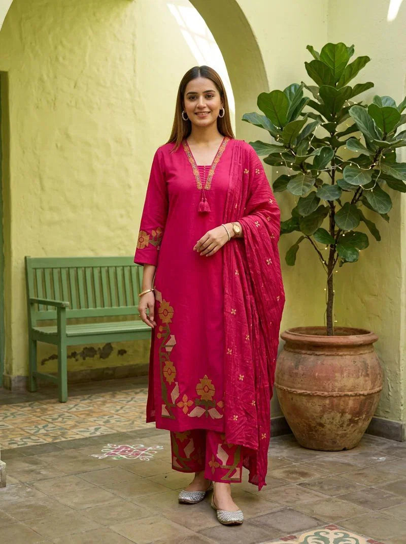 Naisha K 948 Pink Color Cotton Flex Embroidered Kurti With Pant Dupatta