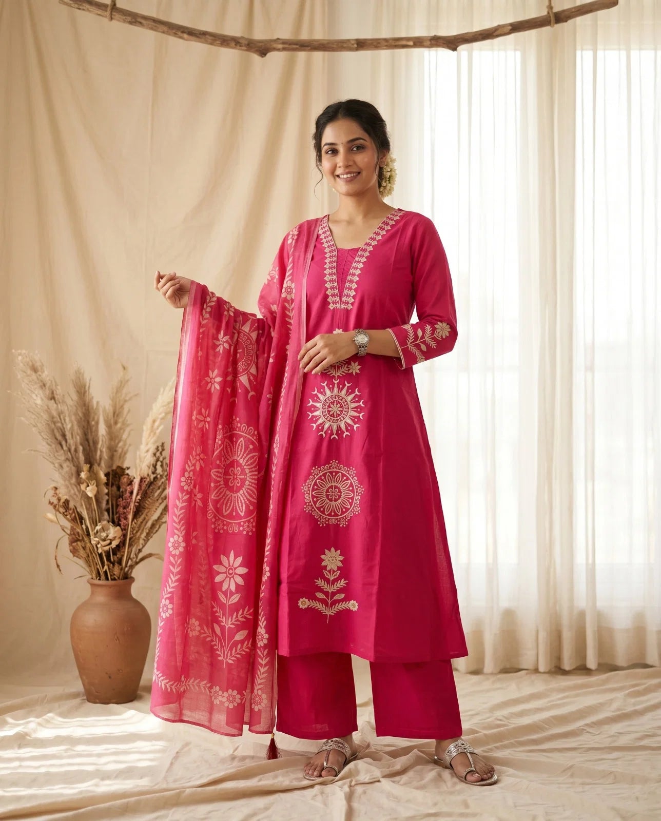 Naisha K 991 Dhabu Cotton Aline Kurti With Bottom Dupatta