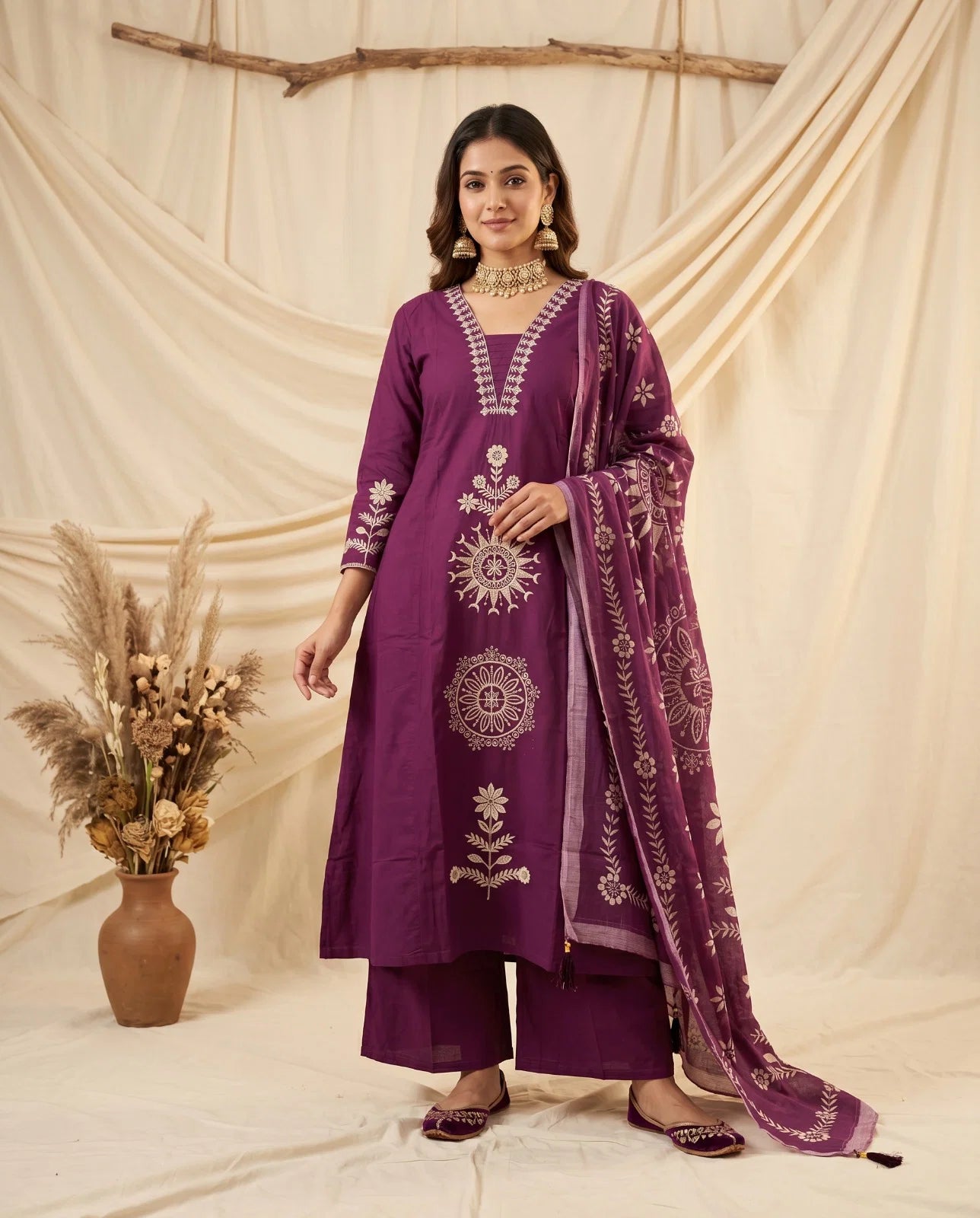 Naisha K 991 Dhabu Cotton Aline Kurti With Bottom Dupatta