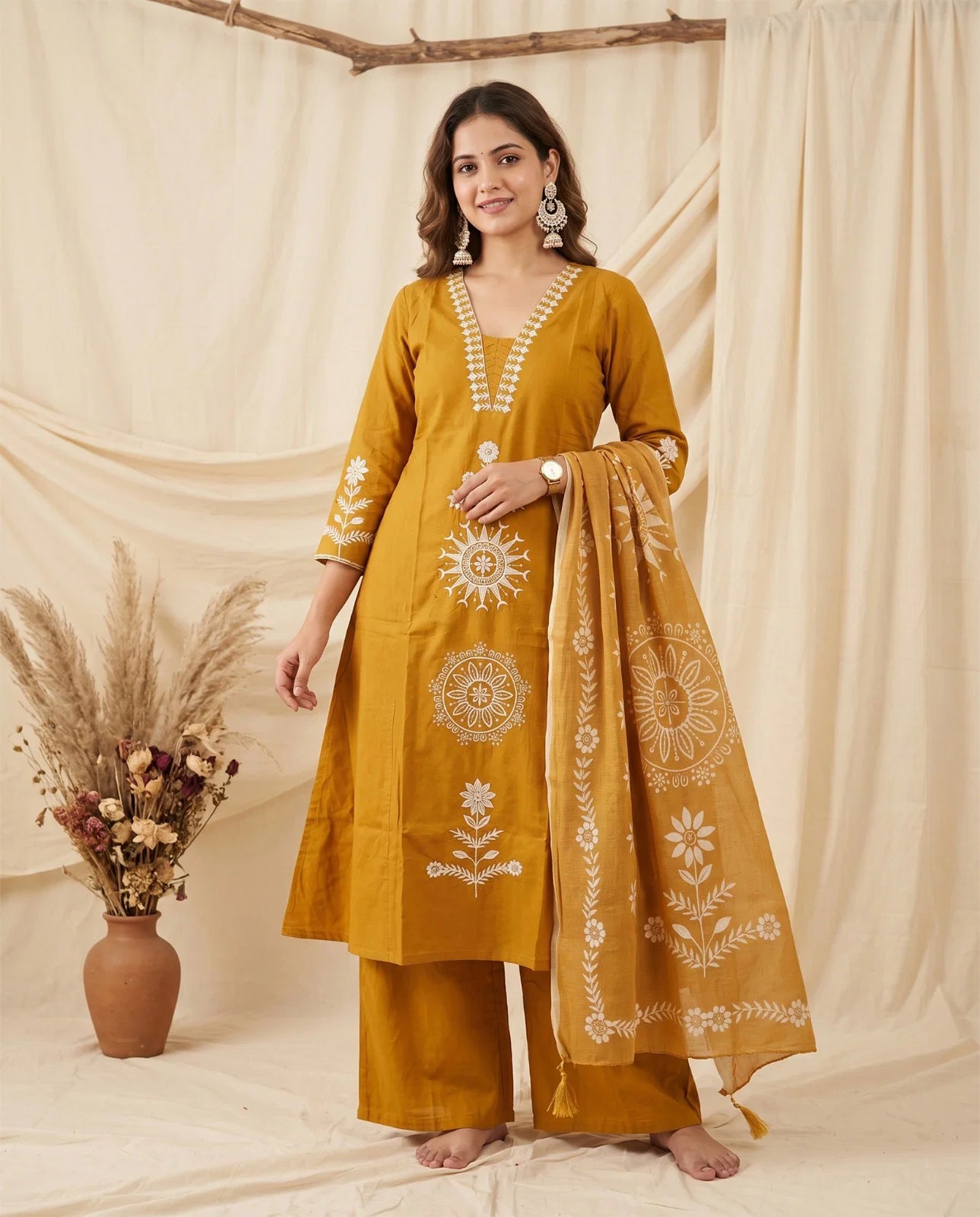 Naisha K 991 Dhabu Cotton Aline Kurti With Bottom Dupatta
