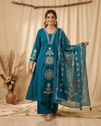 Naisha K 991 Dhabu Cotton Aline Kurti With Bottom Dupatta