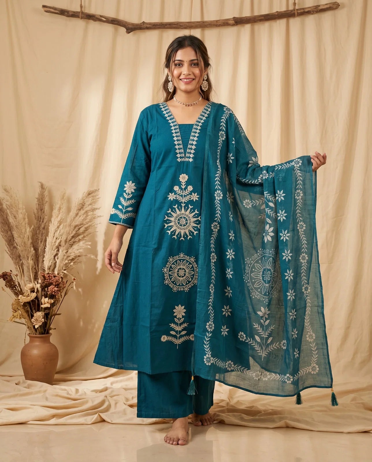 Naisha K 991 Dhabu Cotton Aline Kurti With Bottom Dupatta
