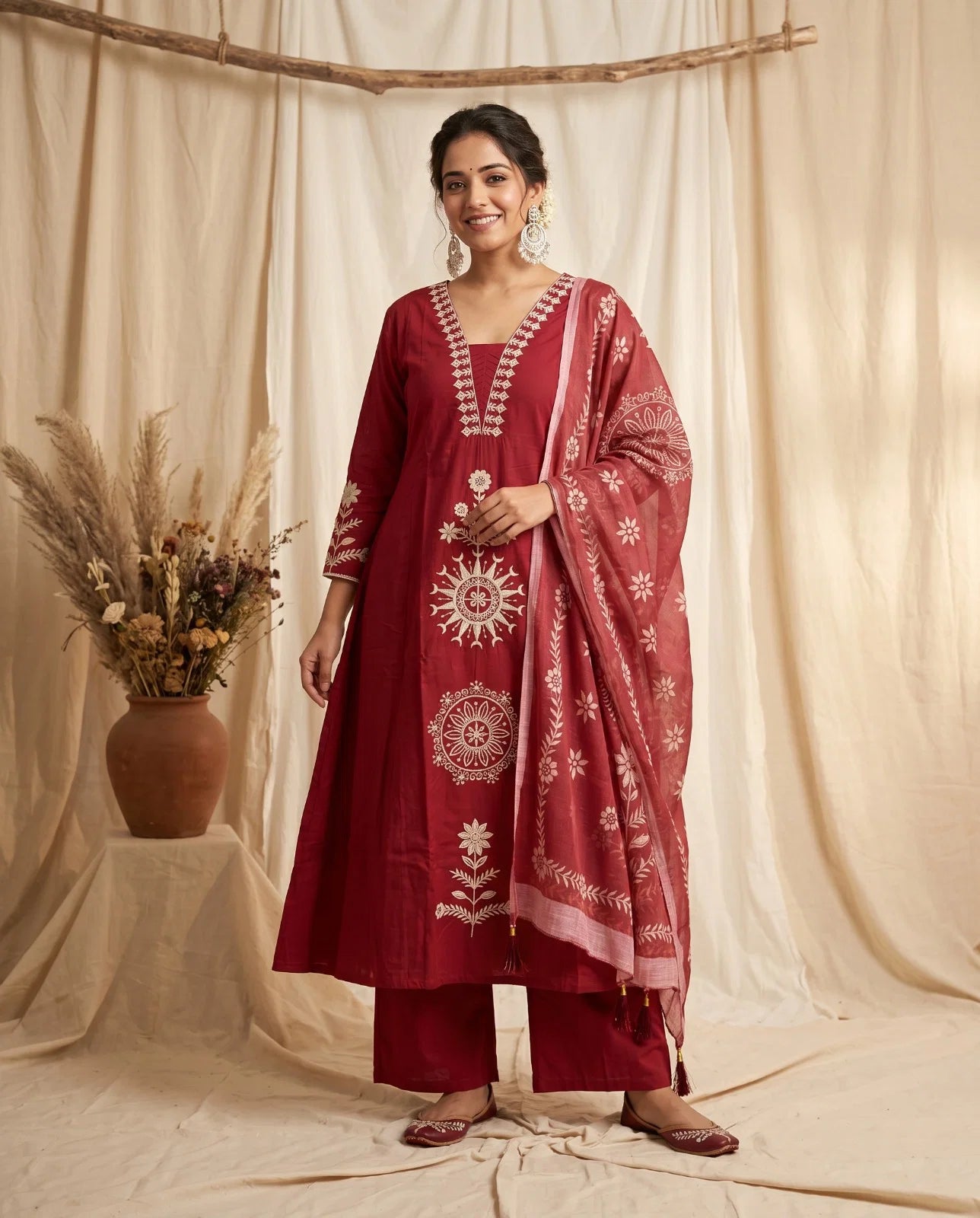 Naisha K 991 Dhabu Cotton Aline Kurti With Bottom Dupatta