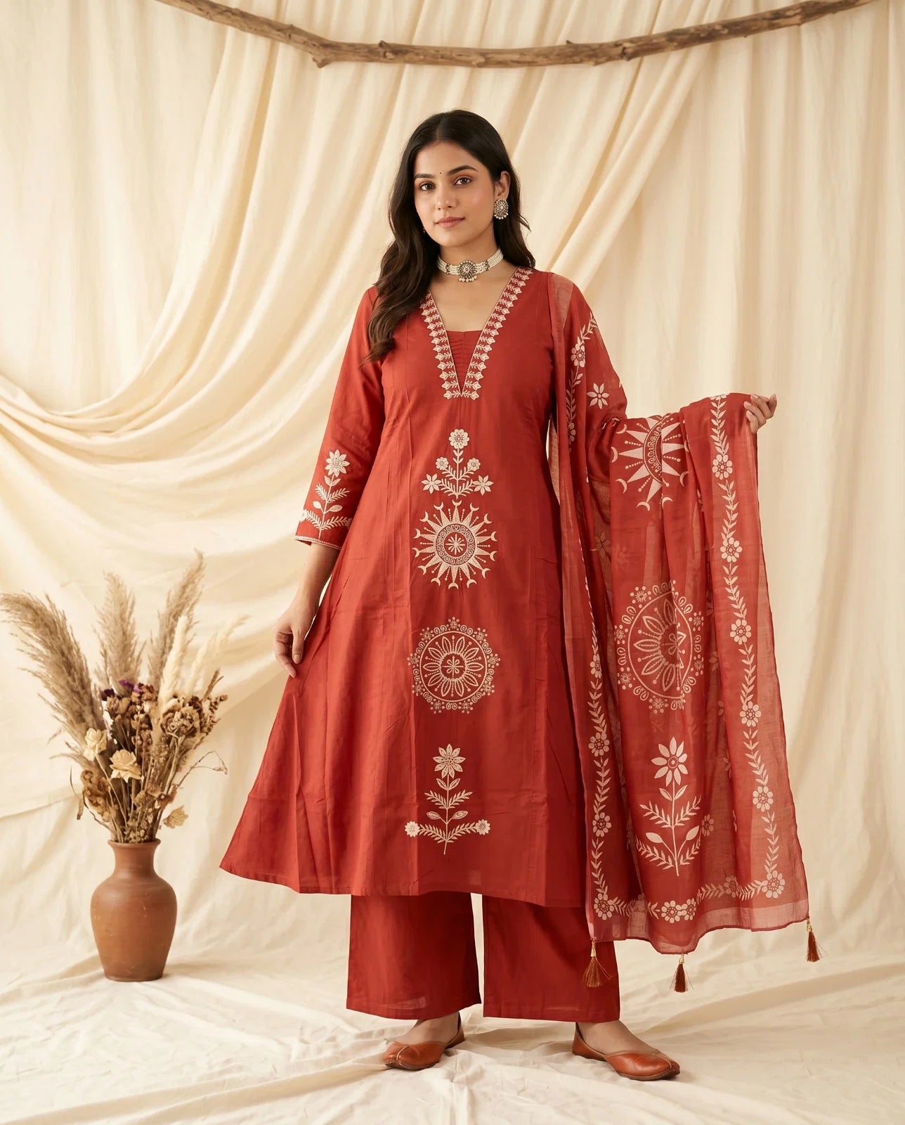 Naisha K 991 Dhabu Cotton Aline Kurti With Bottom Dupatta