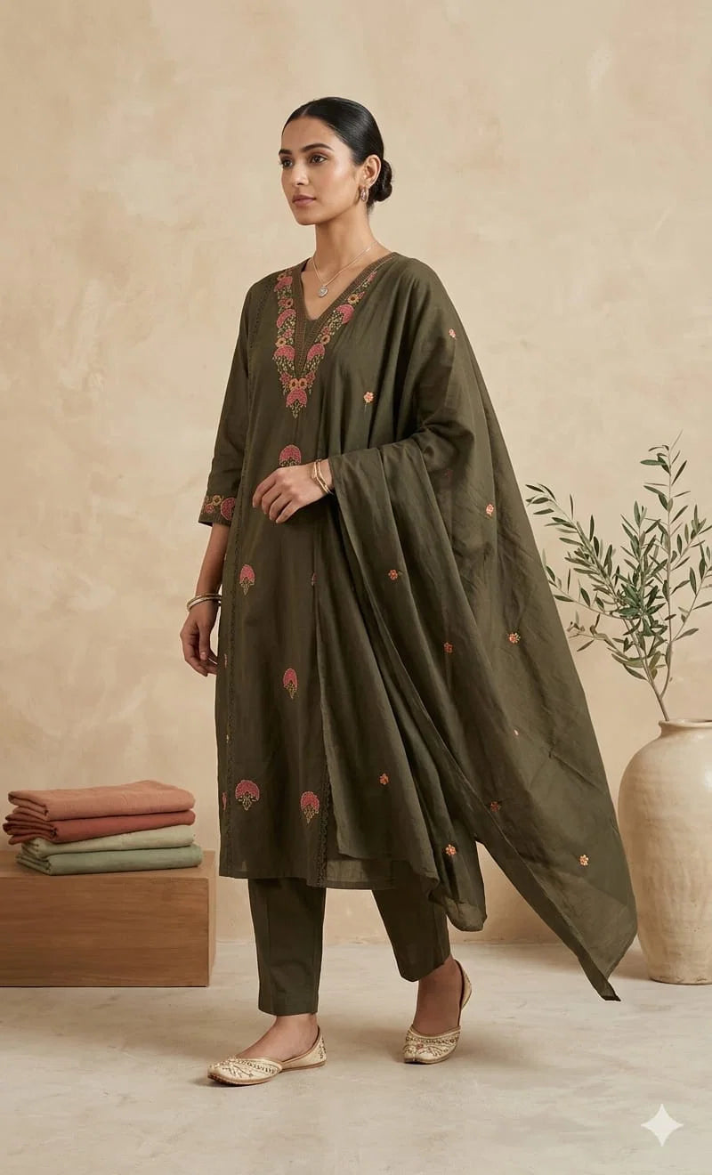 Naisha K 994 Cotton Embroidered Aline Kurti With Bottom Dupatta