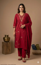 Naisha K 994 Cotton Embroidered Aline Kurti With Bottom Dupatta
