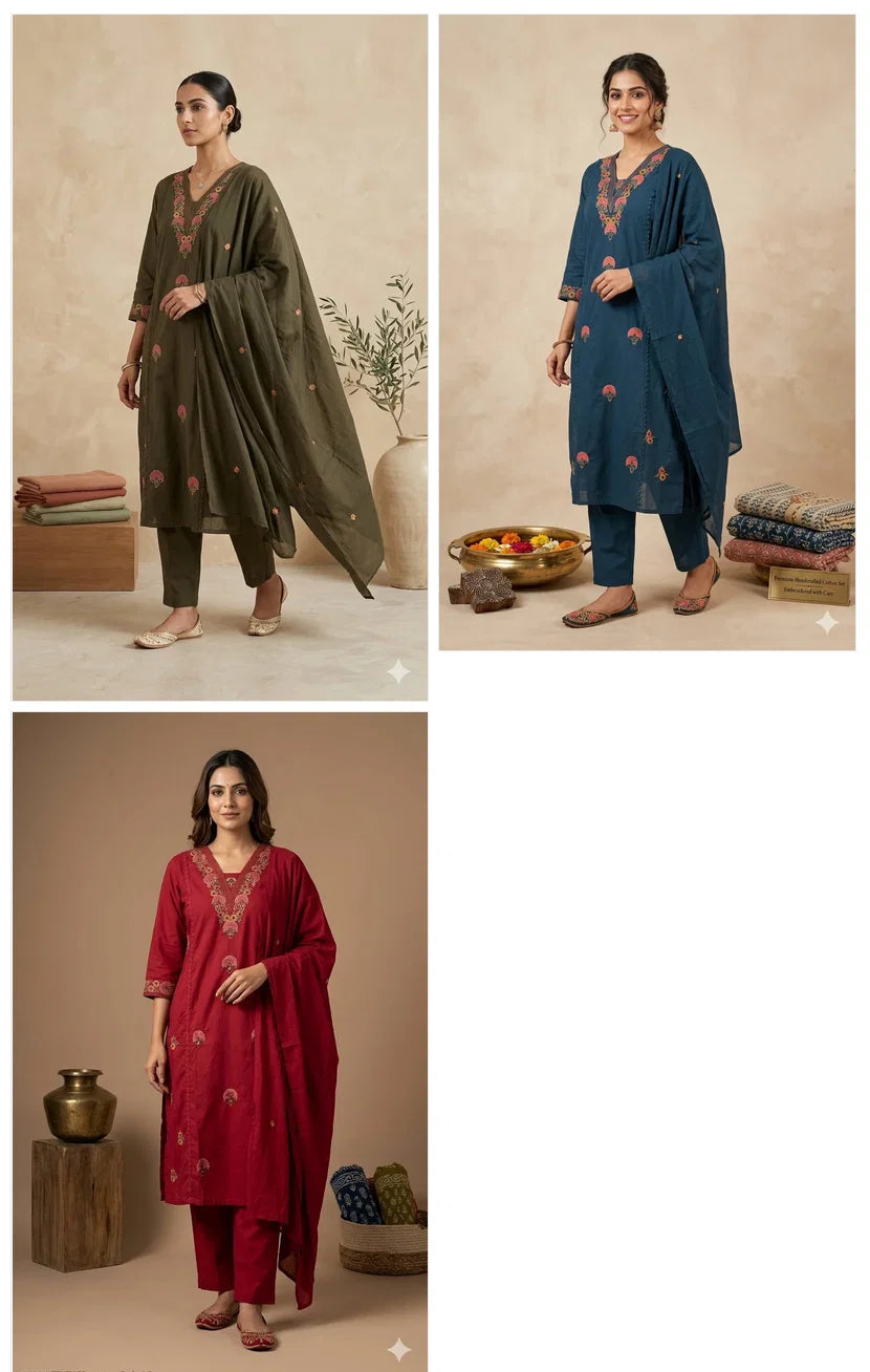 Naisha K 994 Cotton Embroidered Aline Kurti With Bottom Dupatta