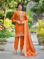 Ossm Mannat Vol 3 Viscose Roman Silk With Embroidery Kurti Pant And Dupatta