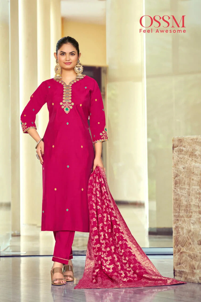 Ossm Mishti Vol 2 Roman Silk With Embroidery Work Top Bottom And Dupatta