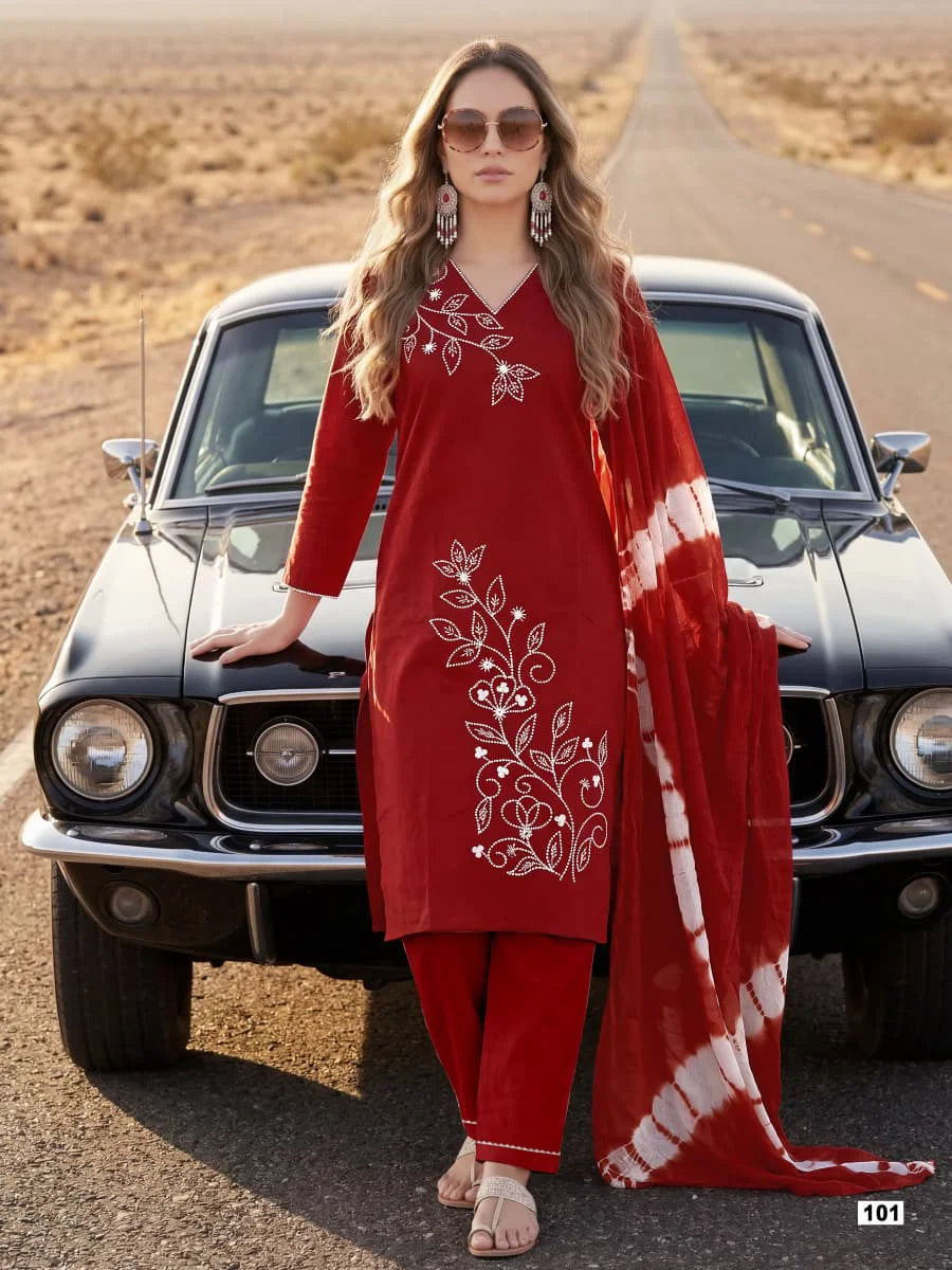 Ossm Noorie Dhabu Cotton Embroidery Worked Kurti With Bottom Dupatta