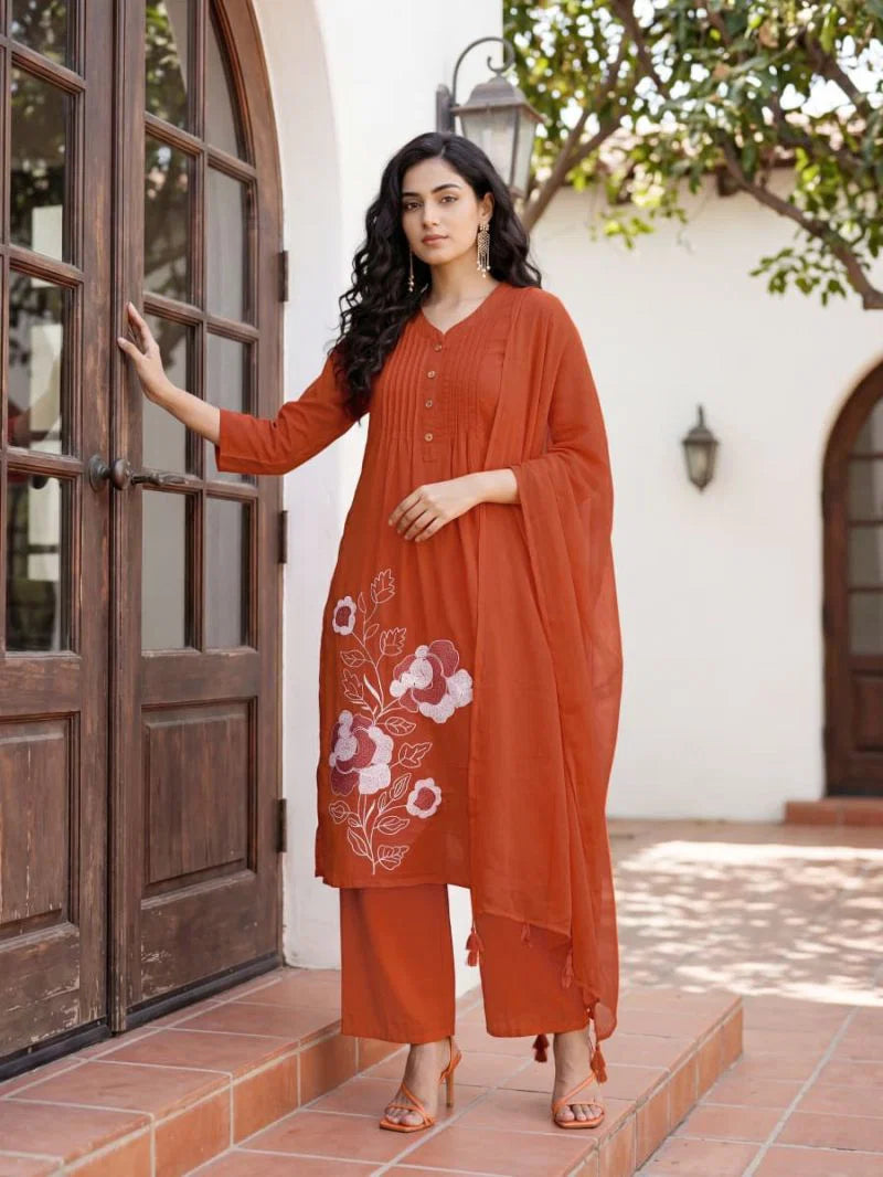 Ossm Sargam Cotton Embroidered Kurti With Bottom Dupatta