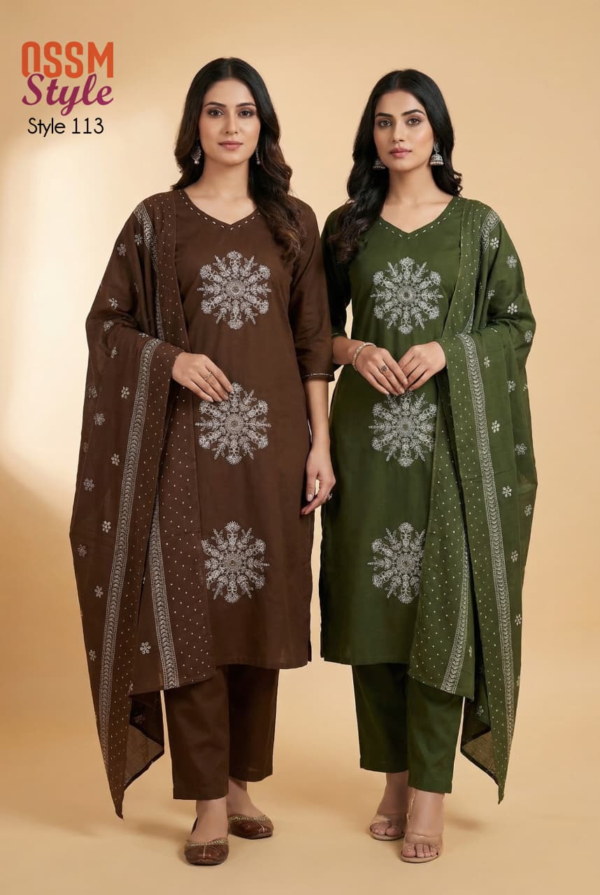 Ossm Style 113 Cotton Dhabu Embroidered Kurti With Bottom Dupatta