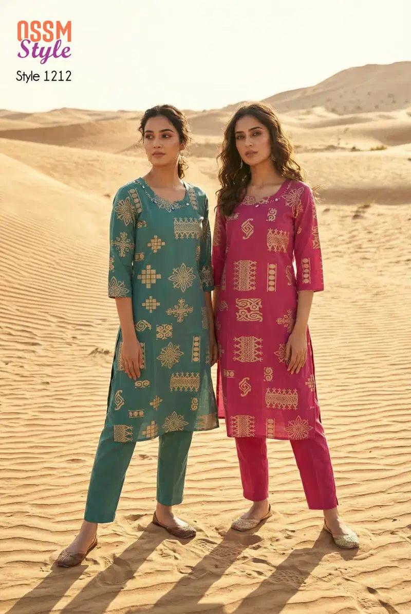 Ossm Style 1212 Cotton Dhabu Discharge Printed Kurti With Bottom Collection