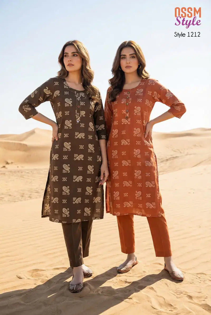Ossm Style 1212 Cotton Dhabu Discharge Printed Kurti With Bottom Collection