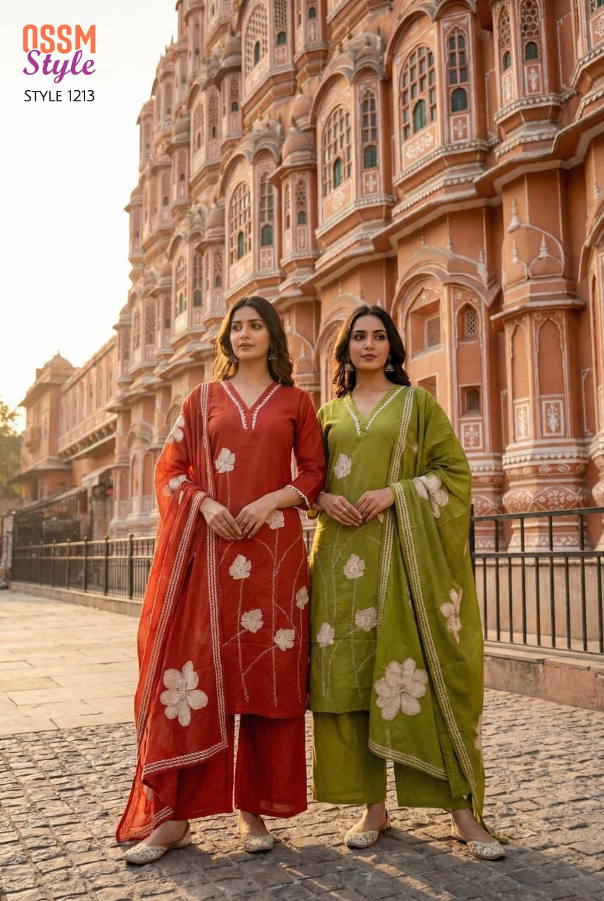 Ossm Style 1213 Cotton Dhabu Embroidery Worked Kurti With Bottom Dupatta