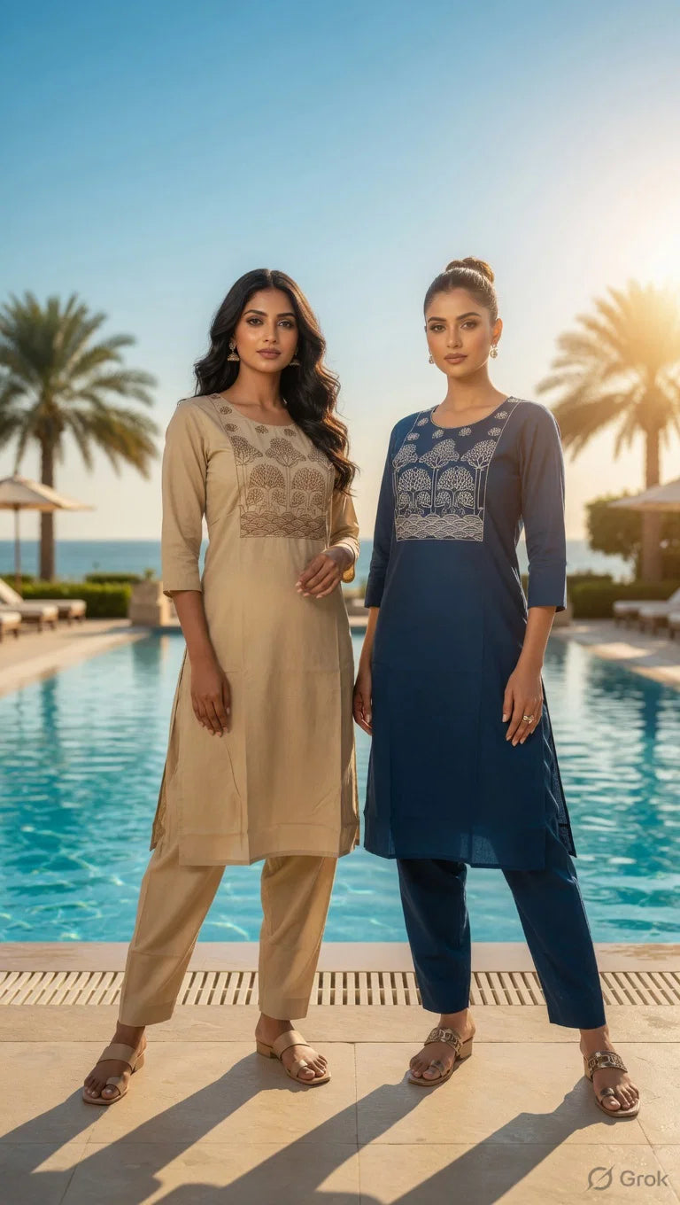 Ossm Style 1215 Dhabu Cotton Embroidered Kurti With Bottom Collection
