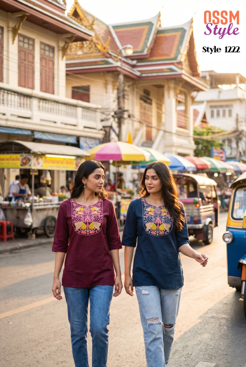 Ossm Style 1222 Cotton Dhabu Embroidered Short Top Collection