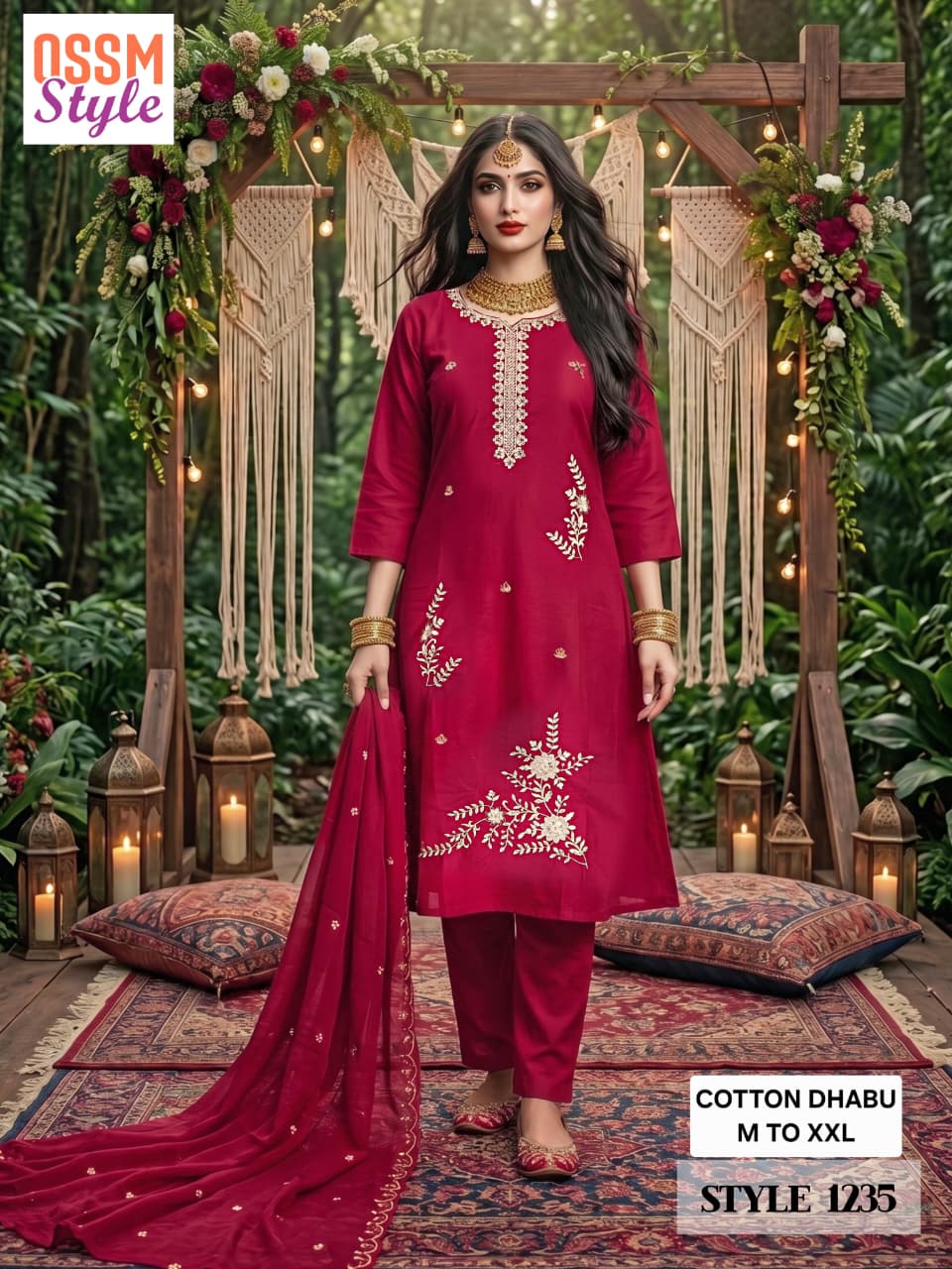 Ossm Style 1235 Cotton Dhabu Embroidered Kurti With Bottom Dupatta