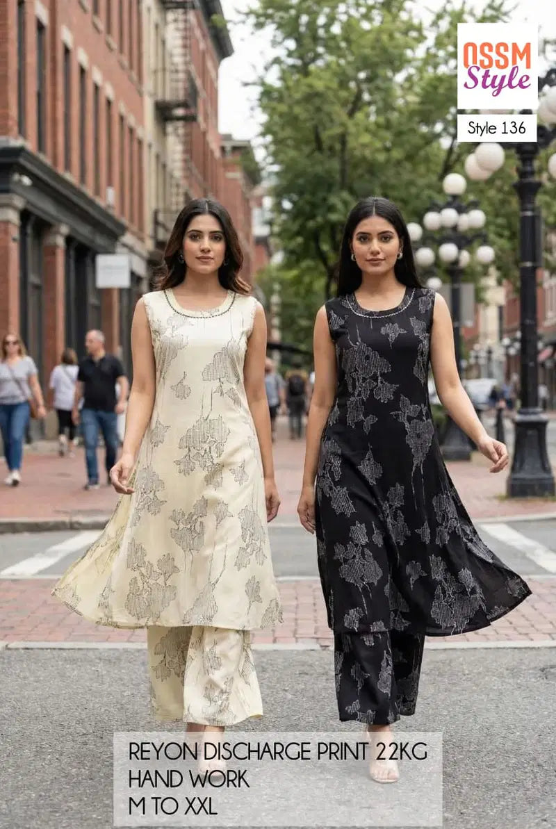 Ossm Style 136 Rayon With Discharge Printed Kurti With Bottom Collection