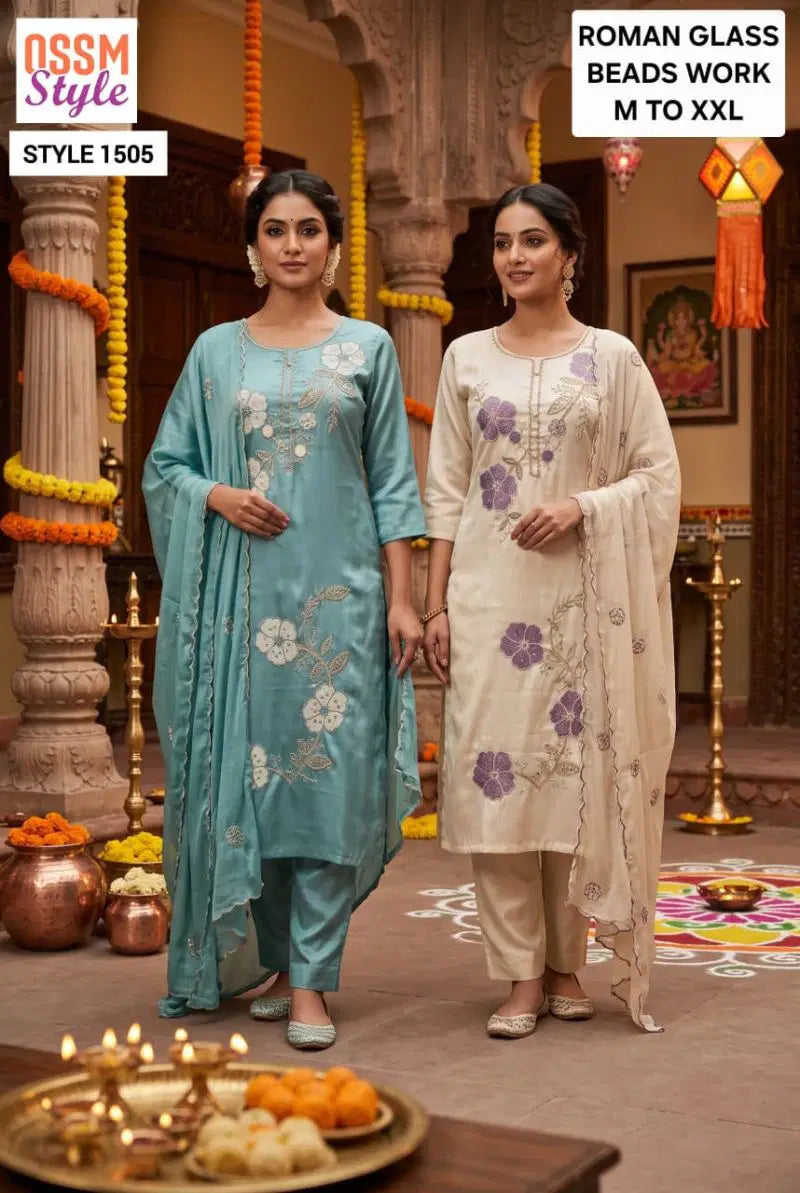 Ossm Style 1505 Roman Glass Beads Work Kurti With Bottom Dupatta