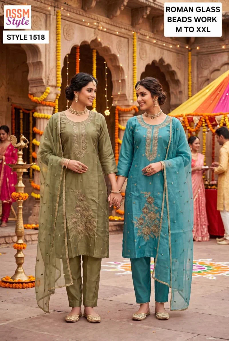 Ossm Style 1518 To 1520 Roman Glass Beads Work Kurti WIth Bottom Dupatta