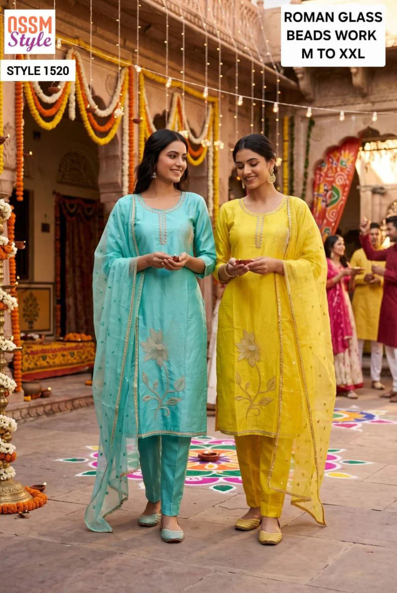 Ossm Style 1518 To 1520 Roman Glass Beads Work Kurti WIth Bottom Dupatta
