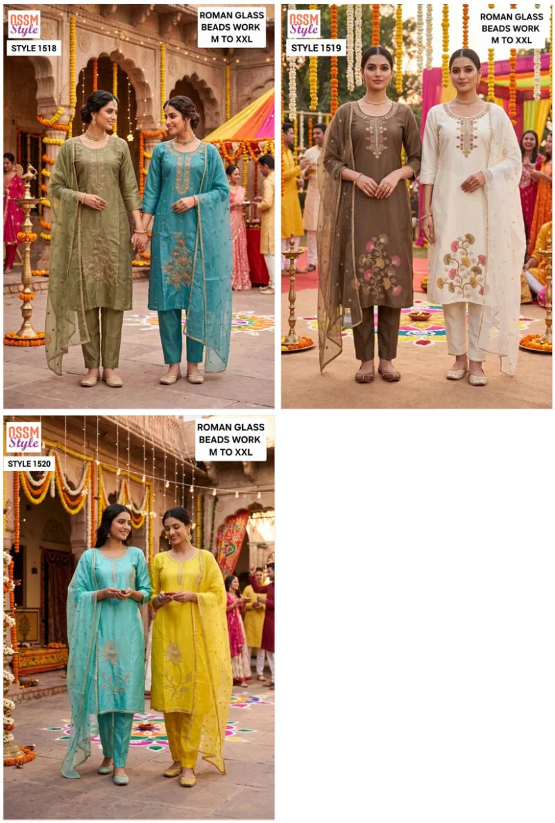 Ossm Style 1518 To 1520 Roman Glass Beads Work Kurti WIth Bottom Dupatta