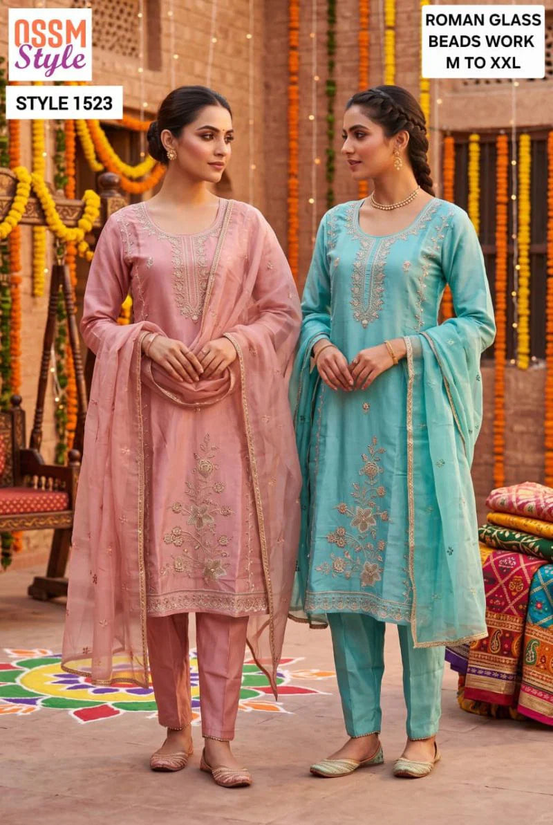 Ossm Style 1522 And 1523 Roman Glass Beads Work Kurti WIth Bottom Dupatta