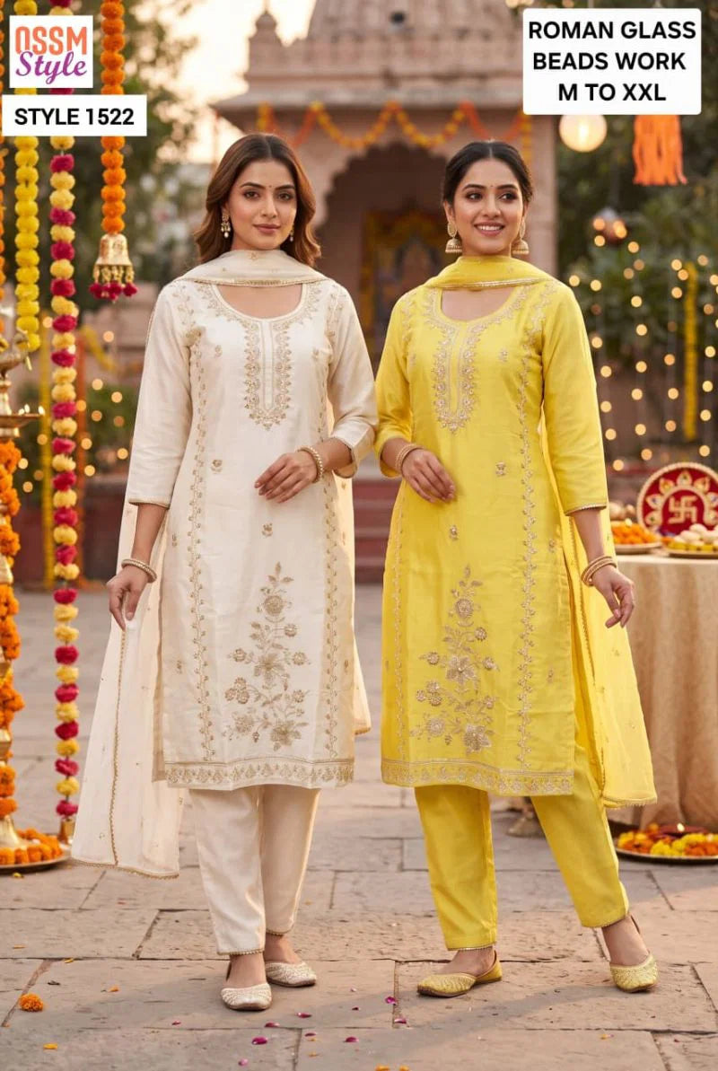 Ossm Style 1522 And 1523 Roman Glass Beads Work Kurti WIth Bottom Dupatta