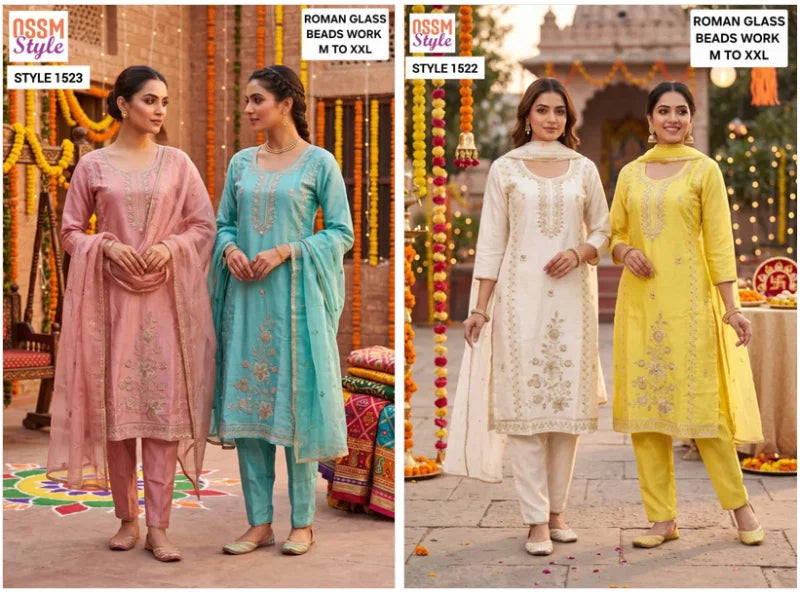 Ossm Style 1522 And 1523 Roman Glass Beads Work Kurti WIth Bottom Dupatta