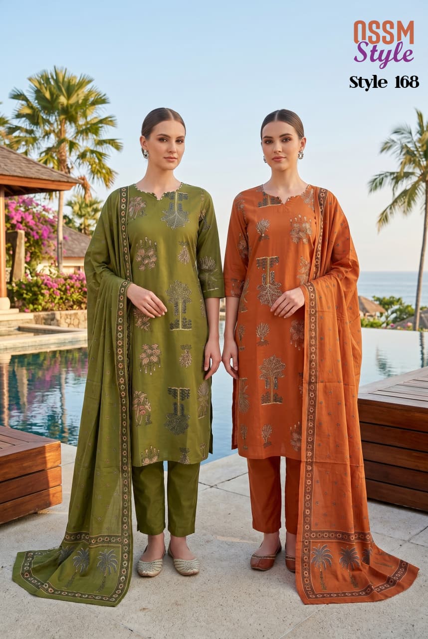Ossm Style 168 Cotton Dhabu Printed Kurti With Bottom Dupatta