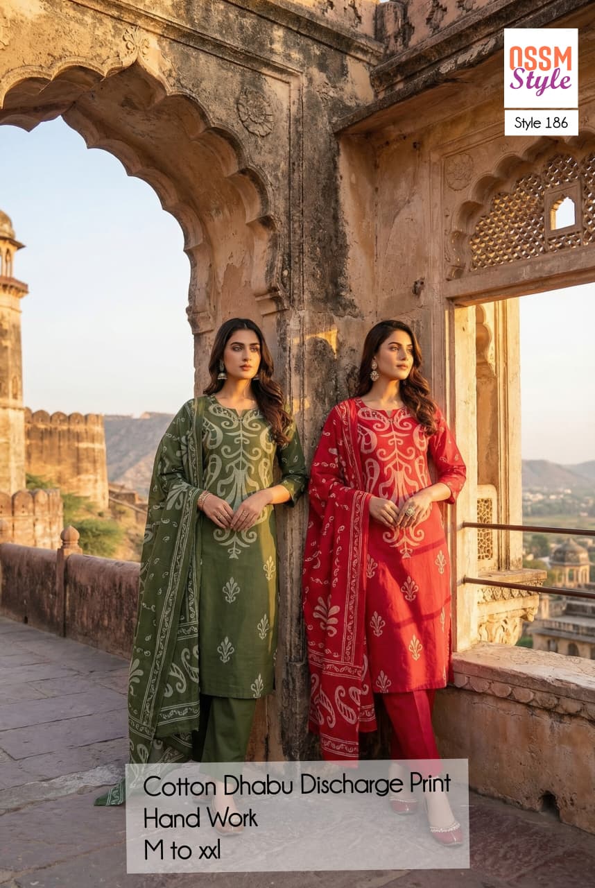 Ossm Style 186 Cotton Dhabu With Discharge Print Kurti With Bottom Dupatta