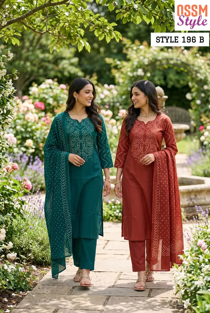 Ossm Style 196 A And B Cotton Discharge Printed Kurti With Bottom Dupatta