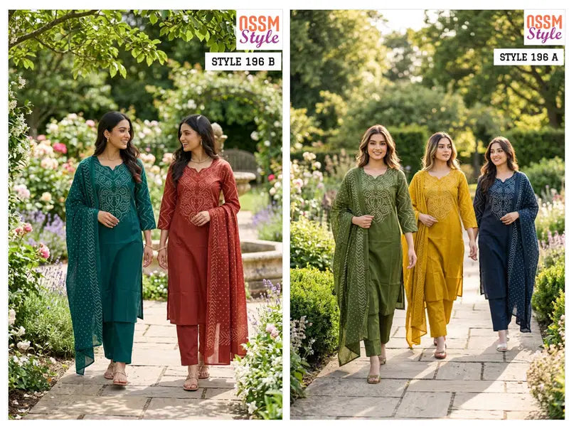 Ossm Style 196 A And B Cotton Discharge Printed Kurti With Bottom Dupatta