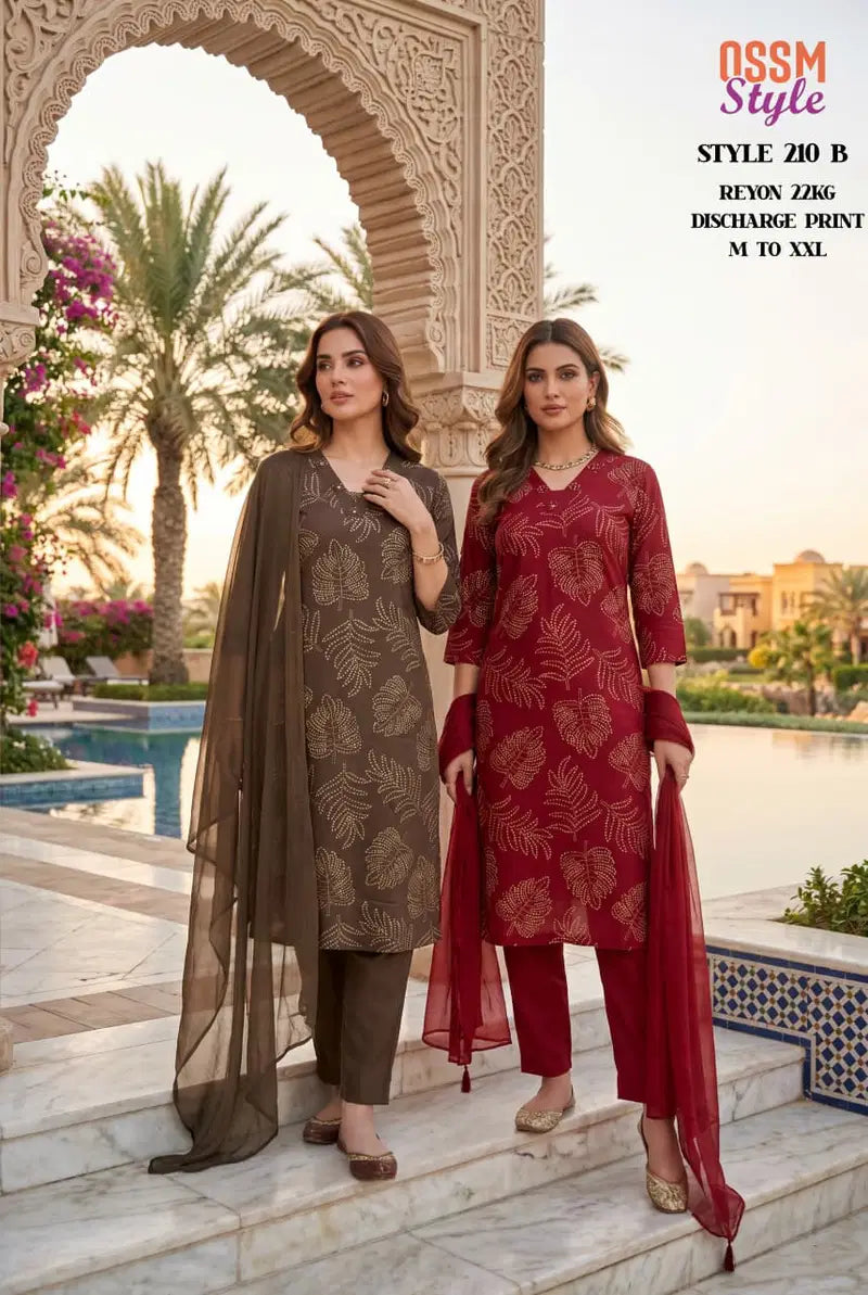 Ossm Style 210 Rayon Discharge Printed Kurti With Bottom Dupatta