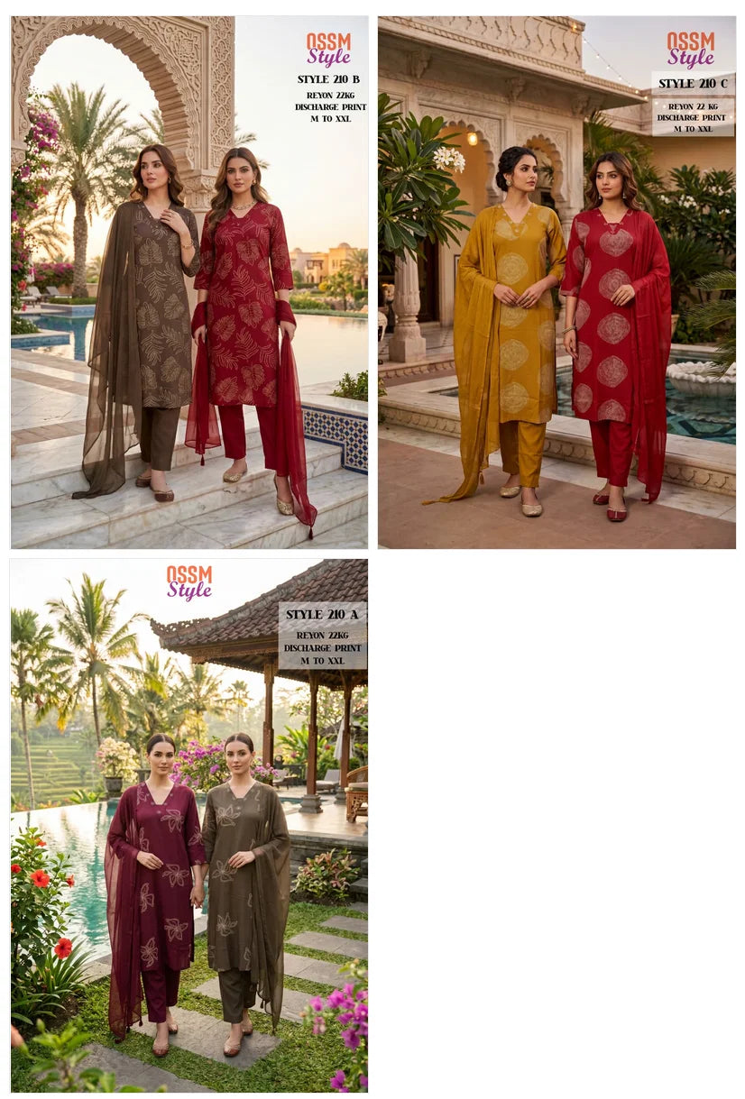 Ossm Style 210 Rayon Discharge Printed Kurti With Bottom Dupatta