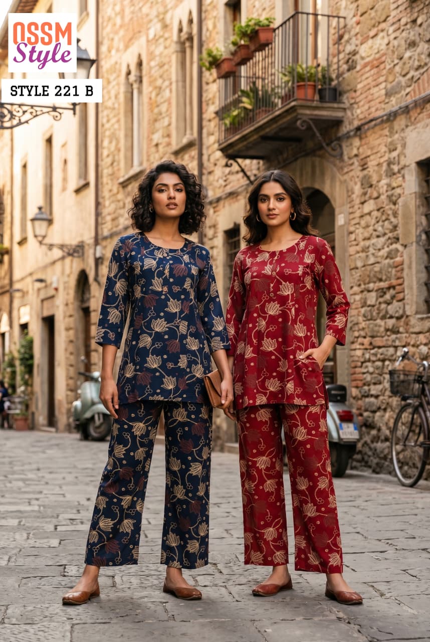 Ossm Style 221 A To C Rayon Discharge Printed Co Ord Set Collection